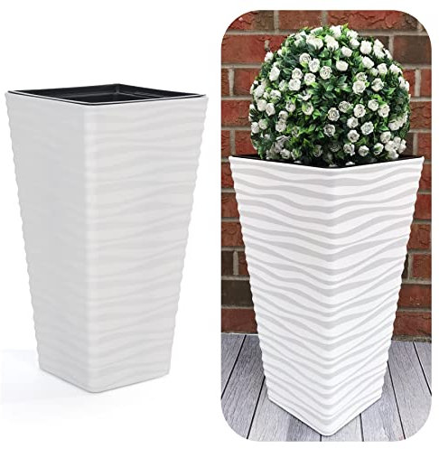 MELTOM XL Pflanzkübel Slim Quadratisch 3D Effekt - Wellen - Farbe: Weiß mit Herausnehmbaren Einsatz, BxH: 29 x 56 cm