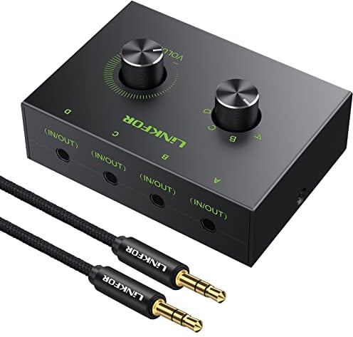 LiNKFOR 4 Vie Switcher Audio da 3,5 mm Regolabile Volume con 3.5 mm Cavo Audio 4(1)-in-1(4)-Out 3.5 mm Audio Switch per Altoparlante Passivo Cuffie Selettore Manuale Splitter Box Condivisione Audio