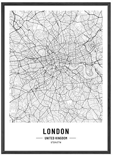 JUNOMI® London Poster DIN A2 Schwarz Weiss, DIN A2 Wohnzimmer Deko, Modernes Wandbild, London Bild, Wandbild ohne Rahmen, Stadtplan Poster London, perfekte Geschenkidee für Londoner