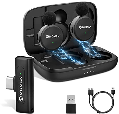 Moman Microfono Lavalier Wireless, CP2(C) Microfono 2.4GHz Tipo C/USB C/PC/Android, Mic con Custodia di Ricarica Per TikTok, Youtube, Interviste, Video, Microfono-Lavalier-Wireless-Dual-Smartphone