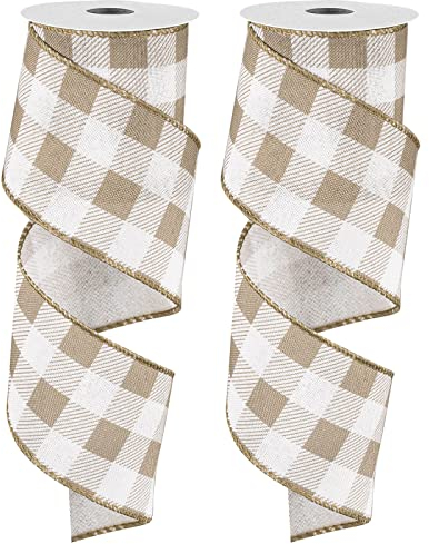 Whaline 2 Rollen Drahtkante Plaids Band Büffelkaro Band Hellbraun Weiß Plaids Ribbon 6,3 cm Bauernhaus Bastelband für DIY Geschenkverpackung Kranz Weihnachtsbaum Schleife Dekoration, 9,1 m