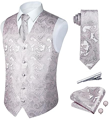 Rithern Herren Weste Paisley Floral Jacquard Seide Krawatte Einstecktuch Taschentuch Set mit Manschettenknöpfen und Krawattenklammer Set für Hochzeitsfeier Anzug Weste Set Grau S