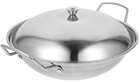 UPKOCH 10Inch (25cm) Heavy Stainless Steel Wok Pan with Lid, Fry Pans With Domed Lid - Scratch Proof Cookware For Gas, Traditional Style Dual- handled Steel Wok