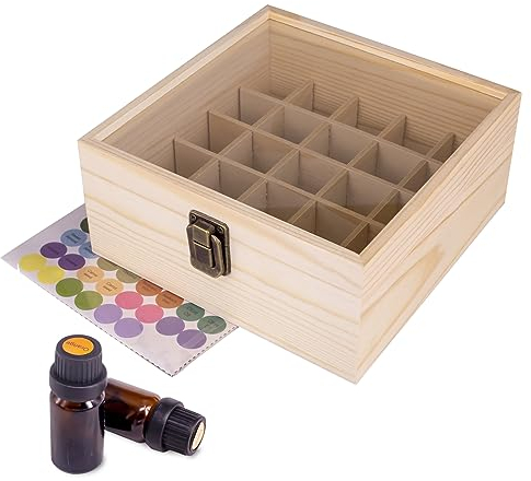 Guolich Aufbewahrungsbox aus Holz für ätherische Öle (5-15ml) zur Aufbewahrung von ätherischen Ölen, Parfüms, Nagellack und Anderen Kleinen Gegenständen (25 Slots)