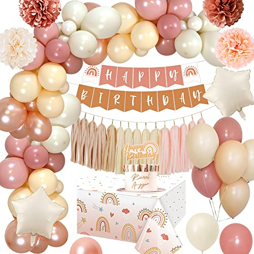 Geburtstagsdeko Mädchen Boho, Retro Rosa Geburtstagsdeko mit Happy Birthday Banner, Tischdecke, Deko Geburtstag Boho, Luftballon Girlande Rosa Beige für Mädchen Geburtstag, Babyparty Dekoration