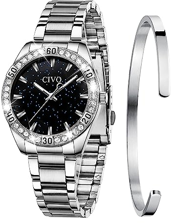 CIVO Damen Uhren Edelstahl Sternenhimmel Silber Designer Analoge Quarz Wasserdicht Elegant Armbanduhr für Damen