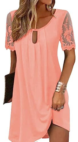 Onsoyours Robe Femmes Chic Imprime Manche Courte Dentelle Dress Sexy Épaules Dénudées Col en V Longueur Genou Taille Haute Robe De Plage A-Line Élégante Rétro Robe Été G Rose S