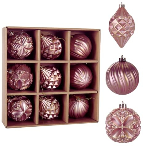 8 cm Weihnachtskugel-Ornamente, 9-teiliges bruchsicheres Set mit Dekor, 9-karätiges Set 2023, Dekoration für Weihnachtsbaumkugeln (rosa mit Gold)