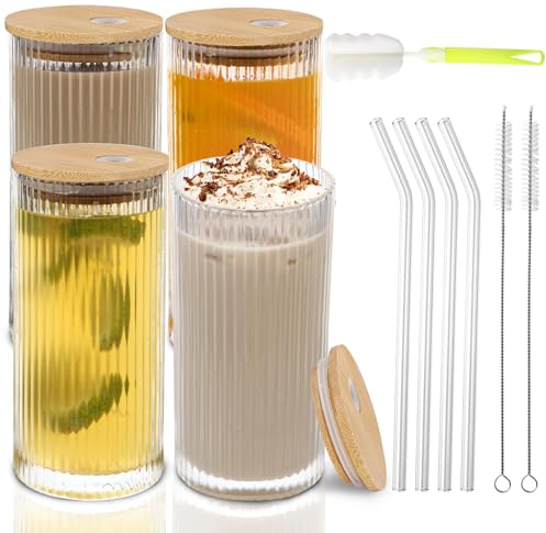 Aikio Ribbed Glasses,4 Set Drinking Glasses with Bamboo Lids and Glass Straws,Vintage Iced Coffee Glasses Ribbed Glassware Beer Cups for Water,Whiskey, Beer,Juice,Gift