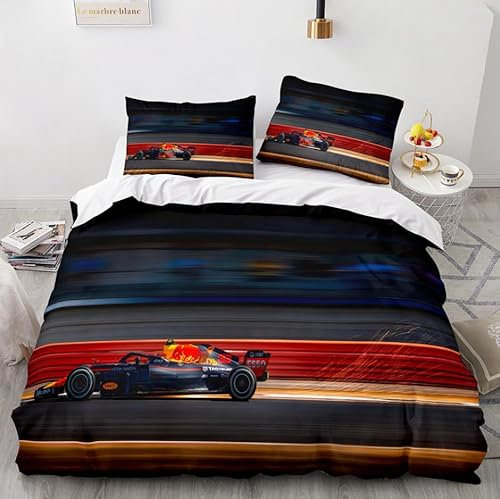 F-1-Rennwagen Bettwäsche 135x200cm Roter Formel-1-Rennwagen Kinder Bettbezug Set 3 Teilig Microfaser 3D Motiv Luxus Modern Bettdeckenbezug Mit Reißverschluss und 2 Kissenbezüge 80x80cm