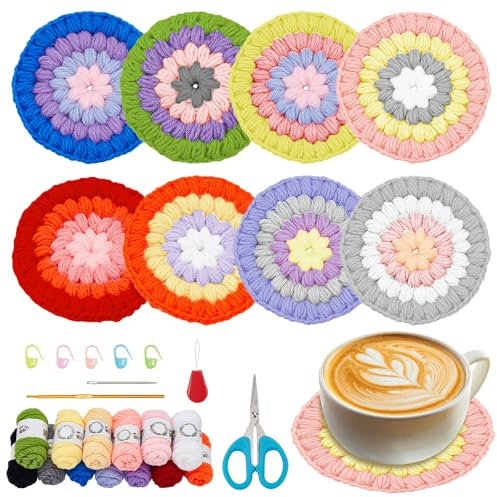 ORIGACH 8 Set bunte Häkeluntersetzer für Anfänger Erwachsene, Tee Untersetzer Stricken Set für Anfänger, komplette Häkelzubehör Werkzeuge zu machen 8 Drink Untersetzer mit Anleitung und Video