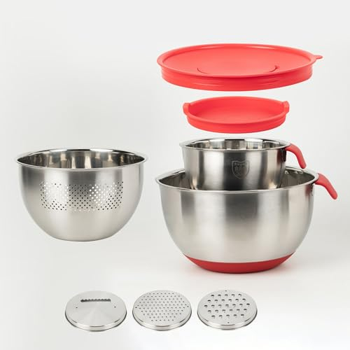 TOMANOON Rührschüsseln, 3er-Set, Edelstahl-Schüsseln mit Deckel, 3 Reibeaufsätze, Messmarkierungen und rutschfeste Unterseite, Größe 5, 4, 1,5 QT, ideal zum Mischen und Servieren