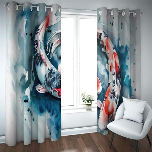 YUNART Aquarell Verdunkelungsvorhänge Sonnenschutz für Schlafzimmer Chinesisches Feng Shui Koi Wärmeisolierte Vorhänge Vorhänge für Wohnzimmer 2X W117xL183cm