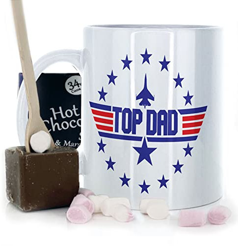 Hairyworm Dad Top, Belgian Milk Chocolate/Hot Chocolate Stirrer Marshmallow Gift Set, 11oz Mug in White, Yellow, Blue, Black, Pink - Father's Day Gift