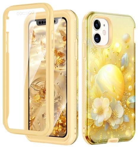 LONTECT for iPhone 11 Case Built-in Screen Protector Glitter Clear Sparkly Bling Rugged Shockproof Hybrid Full Body Protective Case Cover for Apple iPhone 11 6.1 2019,Gold Flower