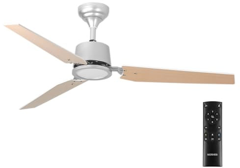 NORHES Faura Ventilador Techo Plata/Madera Clara. 3 Aspas Ø132cm. Luz Led 18W Neutra/Cálida/Extra Cálida. Motor DC. Verano/Invierno. 6 Velocidades. Control Remoto Temporizador. Silencioso. Brisa