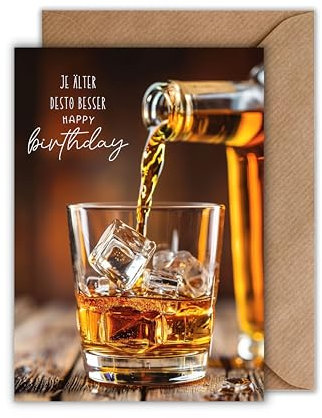 WBdesignz Geburtstagskarte „Je älter, desto besser“ – Whisky-Motiv mit Eis & Spruch – Für Männer, Väter, Freunde & Kollegen – DIN A6 – 300g/m² Premium – Coole Geburtstagskarte mit Umschlag