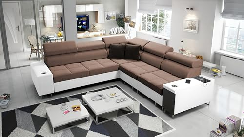 All4All Ecksofa mit Schlaffunktion Margo III 283x284 cm - Schlafsofa mit Bettkasten - Sofa in L-Form - Eckcouch für 5 Personen - Seite rechts - Gewebe mit Kunstleder - Braun/Weiß - Modern 26