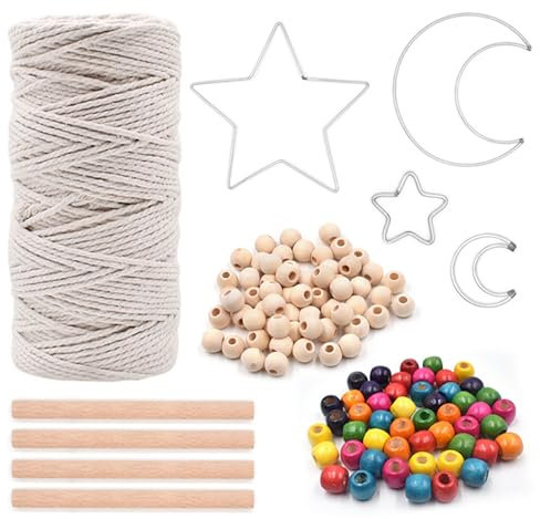 Umimiss Macrame Kit - DIY Macrame Cord,3mm Macrame Cord,Macrame Plant Hanger Kit with no Instructions,Macrame Kit with Macrame Cord Wooden Beads Pentagram and Moon Metal Ring for Beginner Macrame Kit