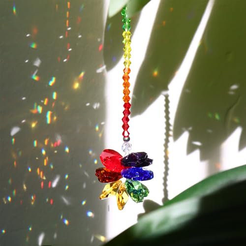 DEMIUKO Regenbogen Kristall Sonnenfänger Blume Kristalle zum Fenster Aufhängen Sonnenfänger Bunt Glas Prisma Kristall Verzierung für Auto Hängend Taschen Anhänger Garten Zuhause Deko DIY Zubehör