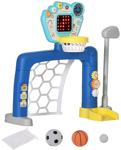 AIYAPLAY Gioco per Bambini con Rete da Calcio, Canestro Basket Regolabile e Buca da Golf con Tabellone Elettronico, Rete da Calcio in PP e ABS, 54x38.8x60.4-68 cm, Multicolore