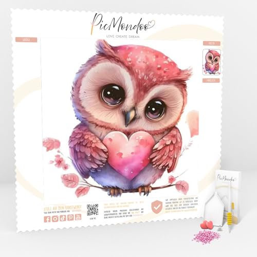 Picmondoo Diamond Painting Mini – Loving Owl – 15x15 cm – Komplettset für Erwachsene & Kinder – Hochwertige Harzsteine mit irisierender Beschichtung – DIY Kunsthandwerk mit Liebe zum Detail