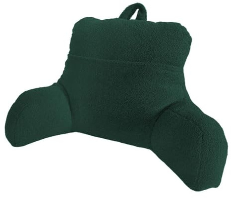 Reading Support Cushion – 50cm x 75cm Teddy Fleece Backrest Pillow, 30cm Deep Pocket, Hollowfibre Filling, Arm & Postural Support for Bed or Armchair, Portable Handle, Bottle Green, Made in Britain