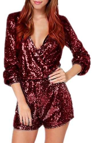 Damen Glänzend Pailletten Jumpsuit Kurz Hosen Langarm V-Ausschnitt Einteiler Strampler Kurz Overall Playsuit Party Disco Clubwear Glitzer Pailletten Festlich Playsuit Hochzeit Kurz Jumpsuit (Red, M)