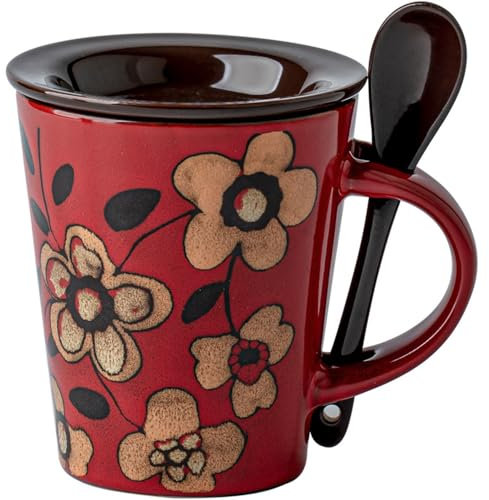 Taza de café de cerámica de 350 ml con tapa y cuchara, novedosa taza de té esmaltada con flores hechas a mano con asa para hombres y mujeres, juego de tazas de leche rústicas para oficina y hogar,
