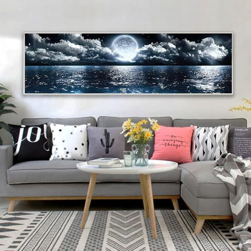 Bilder Himmel Wolken Landschaft Natur Modern Leinwandbild Groß 1 Teilig Kunst Deko Wohnzimmer Schlafzimmer Wanddekoration-Meer Mond Nacht,Rahmenlos (B, 40x120cm, Ungerahmt)
