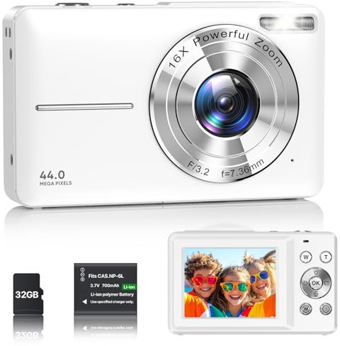 Digitalkamera 1080P Fotokamera 44MP Kamera Fotoapparat Tragbare Kompaktkamera mit 2,4 LCD Bildschirm, 16X Digitalzoom, 32G Micro Speicherkarte, 1 Akku für Kinder Teenager Student Anfänger-Weiß
