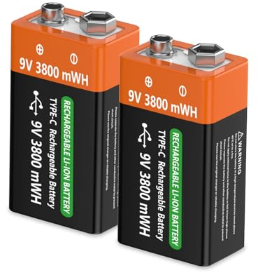 9V Rechargeable Lithium Batteries, 3800mWH with 2-in-1 USB C Charging Cable, high Capacity 6F22 Batteries for Smoke Alarms, Metal detectors, Microphones More（2 Pack ）