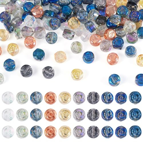 Bestewelry 100 perline in vetro a forma di rosa piatte a forma di fiore, perline distanziatrici sfuse per braccialetti a tema floreale, collane, orecchini, gioielli, decorazioni per la casa