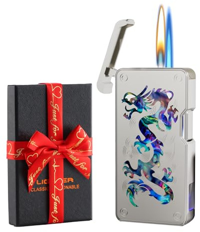 Dachance Luxury Gas Butane Lighter Mother of Pearl Inlay 5 Ignition Modes :Blow, Shake, Voice, Tap, Button, Blue Jet Flame windproof, Digital Fuel & Usage Display, Refillable, Men Gift (Silver Dragon)