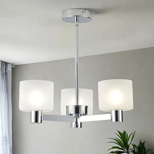 HARPER LIVING 3 Lights Chandeliers Ceiling Light, Chrome Semi Flush Ceiling Lamp with Sanded Glass Shades, 3xG9 Modern Ceiling Lighting for Living Room Bedroom Kitchen Hallway Dining Room