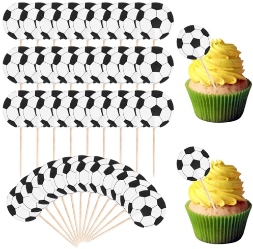 48 Stück Cupcake Tortendeko Fußball Muffin Deko Topper Toppers Muffins Kuchen für Kinder Geburtstag Party Babyparty Mottoparty Kuchendekoration(Schwarz, Weiß)
