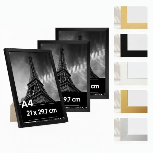 JCNORD 3 Stück A4 Bilderrahmen aus Schwarzem Kunststoff, 21x29,7 cm – 3er-Pack Rahmen mit Bruchsicherem Acrylglas – Moderner Fotorahmen für Wände, Tische, Zertifikate, Poster und Schlafzimmer
