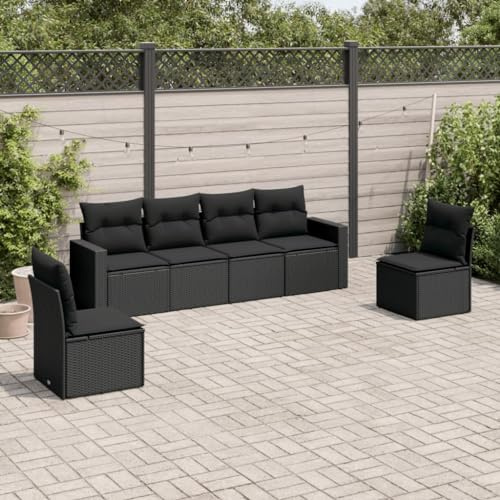 QJBSAVVA Gartensofa Lounge 6-teilig Schwarz Poly-Rattan Ecksofa mit Stauraum und abwaschbaren Kissen 110 kg belastbar für Garten Terrasse Balkon