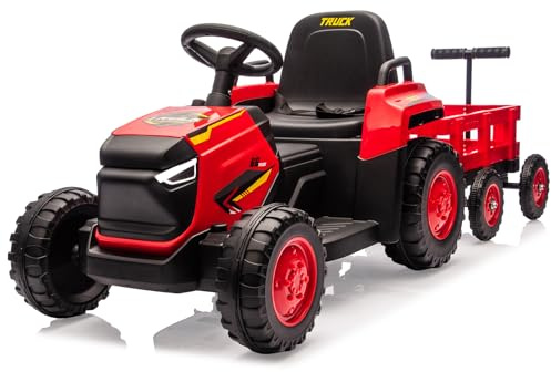 12V Traktor Mit Abnehmbarem Anhänger, Kinder Elektroauto Mit LED, Musik, Hupe, 3-Gang, Doppelter Motor, Kinderfahrzeug Mit Fernbedienung Für 3-6 Jahre