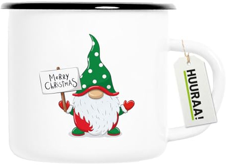 Huuraa Emaille Tasse Wichtel Merry Christmas Geschenk | 300ml Becher Weiß mit Schwarzem Rand Vintage Campingbecher Geschenkidee Kaffeetasse als Wohnwagen Zubehör Campingtasse