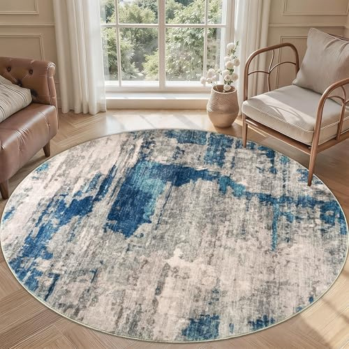 Homcomodar Waschbarer Teppich Rund 160cm Teppich Wohnzimmer Kinderzimmer Blau Grau Kurzflor Teppiche rutschfest Abstrakt Modern Teppiche für Schlafzimmer Esszimmer Büro | Blauer, weicher Flor für Schlafzimmer, Erwachsene, Bettvorleger, rutschfest, für Schlafzimmer