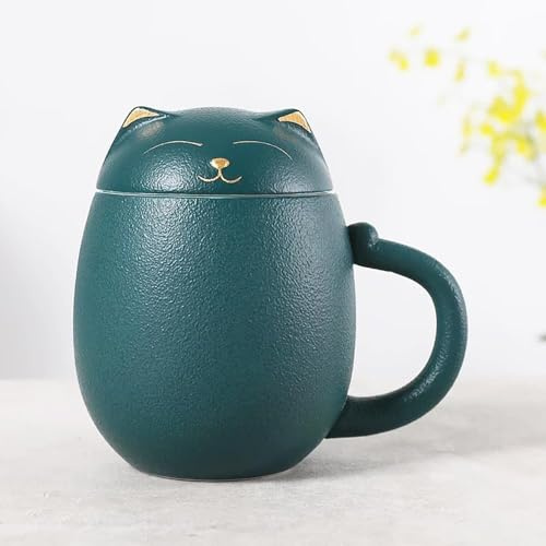 Cute Cat Tea Mug with Infuser and Lid, Ceramic Tea Cup with Filter for Steeping Loose Leaf Tea, Porcelain Teacups with Handle Suitable for Home & Office, Great for Tea and Cat Lovers 350ML (Box Green)