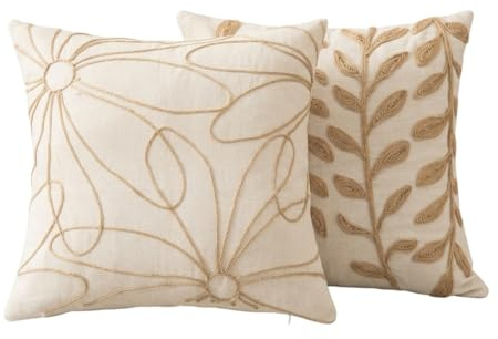 DALINA Fundas de Cojín 45x45 cm Efecto Lino Pack de 2 Unidades, Beige con Bordado Floral en Relieve, Decorativa para Sofá, Estilo Nórdico Natural, Suave y Elegante, Estilo B+D