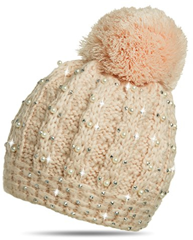 Caspar MU106 Damen Winter Mütze Bommelmütze mit Perlen und Glitzer Strass, Größe:One Size, Farbe:rosa