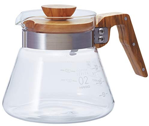 Hario Kaffekanne, 600 ml, Griff und Deckel aus Olivenholz, durchsichtig, 4 Cup