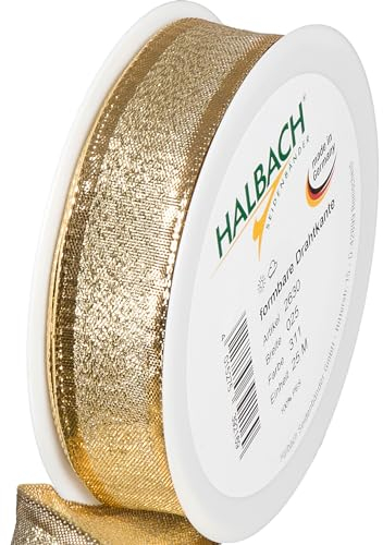 Halbach Seidenbänder Geschenkband Gold - made in Germany - mit formbaren Drahtkanten | 25mm x 25m | Edles goldenes Band für Hochzeit oder Weihnachten