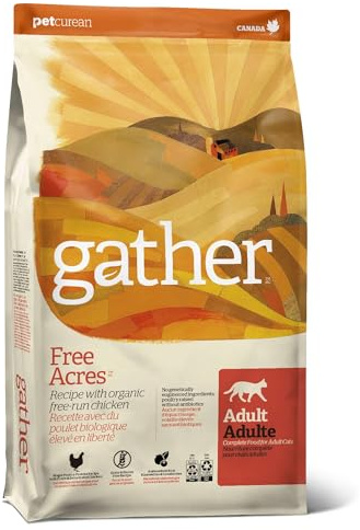 GATHER Free Acres Free-Run Chicken Grain-Free & Gluten-Free Dry Cat Food, Healthy Kibble Made with USDA Certified Organic & Non-GMO Ingredients, for Adults & Seniors, 4 lb Bag