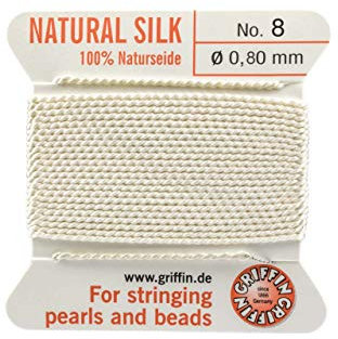 Griffin 100% Natural Silk Beading Cord String Thread - White - 2 metres with one Needle - Size 0.80mm