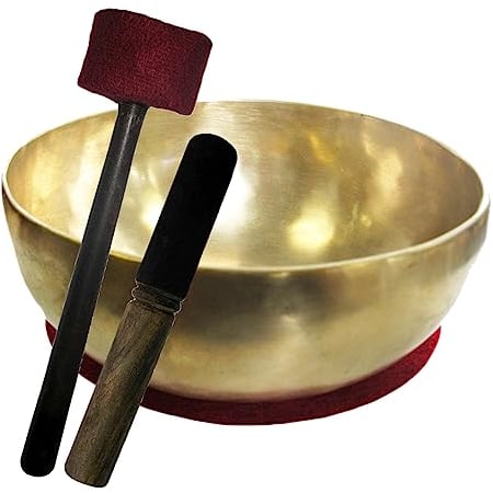 Therapieklangschale 900-1000g Klangschale Handarbeit (Nepal) 4-tlg. Klangmassage-Set GELENKSCHALE-UNIVERSALSCHALE 18-20cm + Kissen + Reibeklöppel + Filz-Therapieklöppel. 70220-7