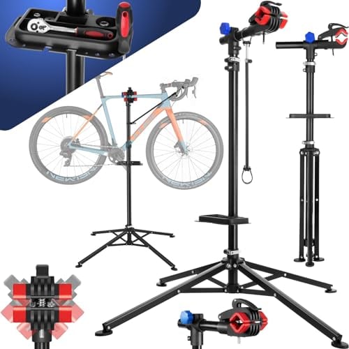 tectake® Soporte Bicicleta Suelo con Bandeja Giratoria, Soporte Bici Plegable con Giro de 360°, Agarre de Cierre Rápido, Herramientas Bicicleta Montaña o Carretera, Firme y Estable, Carga máxima 25 kg